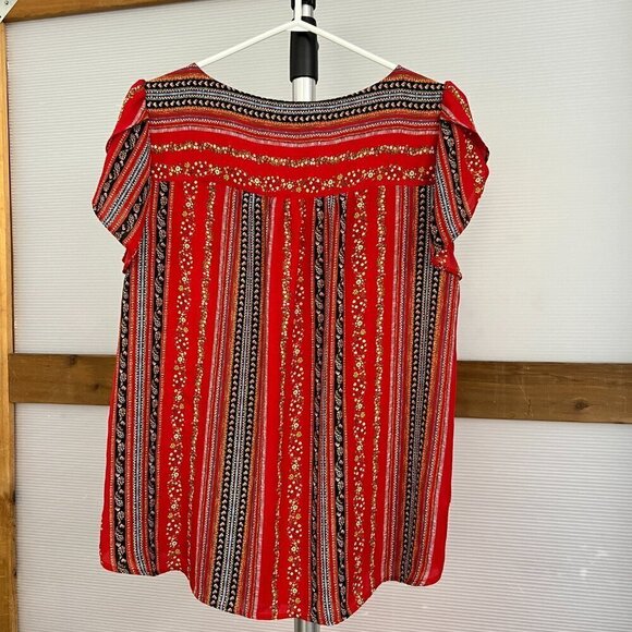 Loft Red Abstract Floral Stripe Scoop Neck Petal Short Sleeve Blouse Sz M - Picture 8 of 15